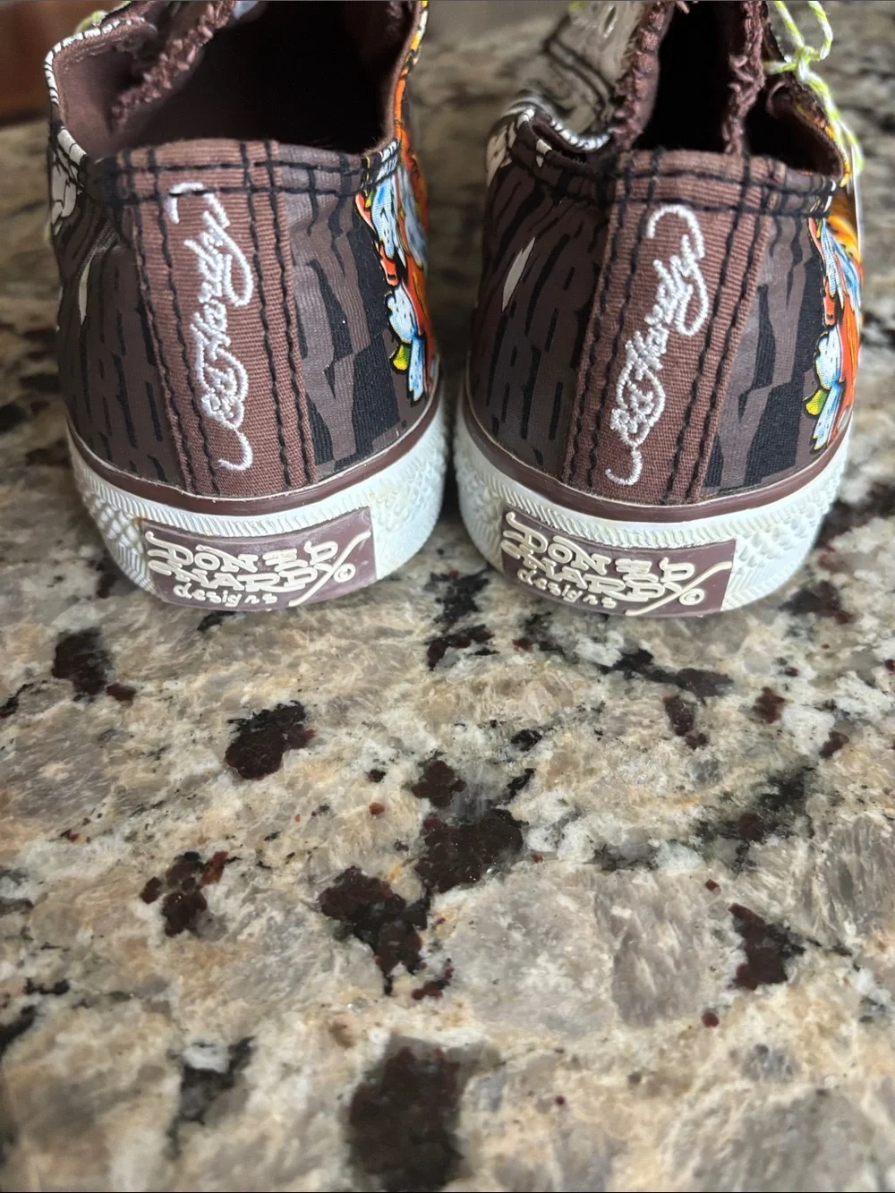 Ed Hardy Brown Slip-On Sneakers with Orange and Blue Skull Art